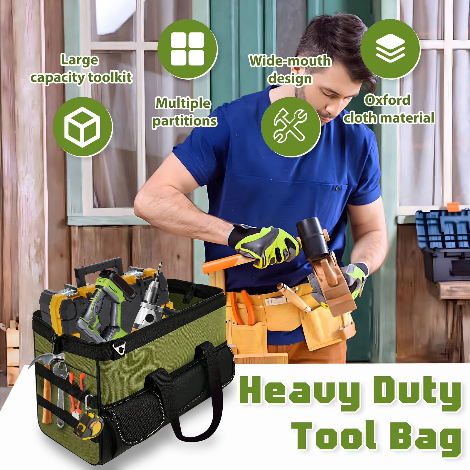Heavy Duty Tool Bag 16 Inch，Portable Empty Tool Box Organizer with Multi Pocket and Wide Mouth for Repairmen Electrician Carpenter