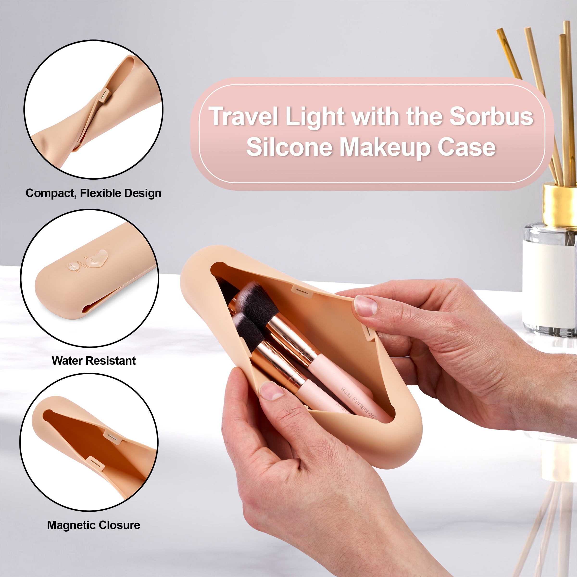 Sorbus Travel Makeup Brush Holder, Waterproof Silicone Cosmetic Organizer, Nude