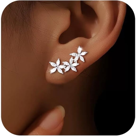 Dainty Flower Stud Earrings for Women, 925 Sterling Silver Minimalist Sparkling Zircon Flowers Cluster Ear Climbing Earring for Bride Taecher Wedding Birthday Jewelry Gift