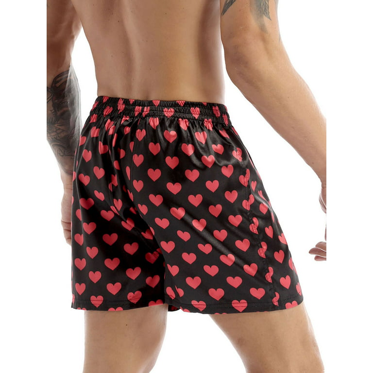 inhzoy Men's Love Heart Lip Print Silk Satin Boxers Shorts Lounge Shorts  Trunks Underwear Black Medium