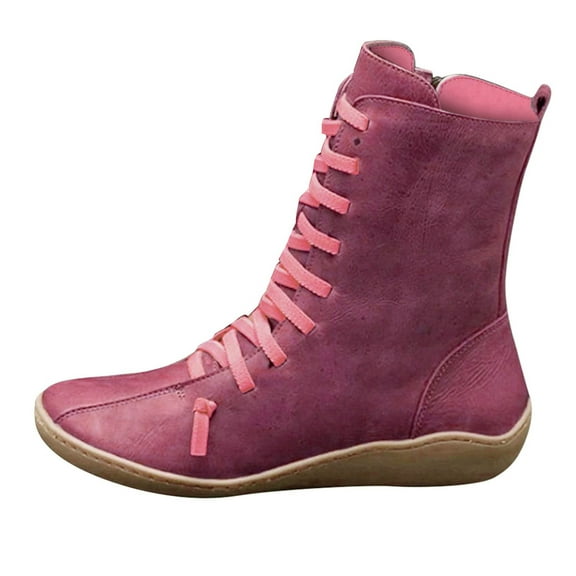 fukaraa Mid Calf Boots Ankle Boots for Women Solid Color Retro Lace Up Shorts Boots