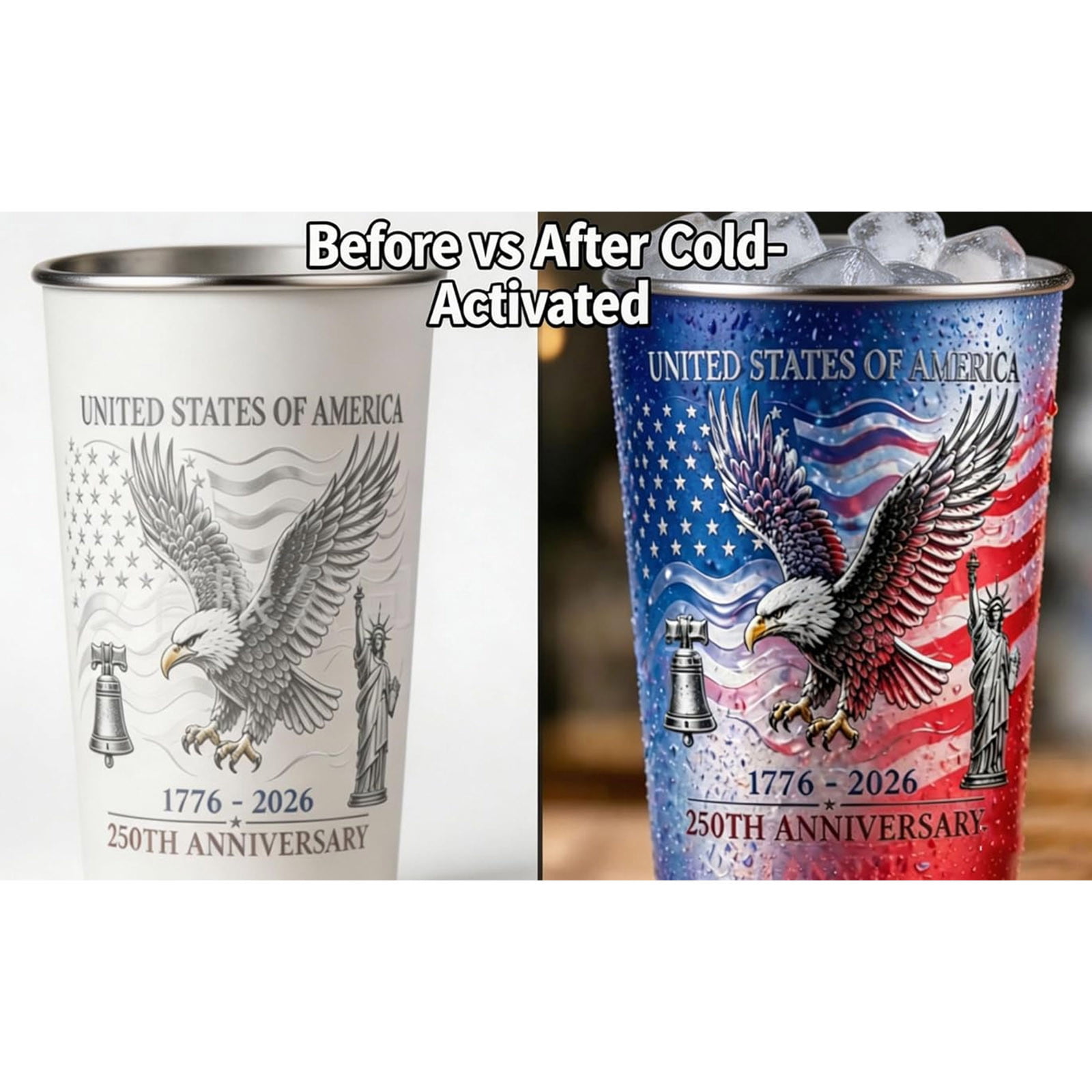 USA 250th Anniversary Color Changing Tumbler, Stainless Steel Color-Changing Insulated Mug, 16oz Cold Activated Color Changing Tumbler, Reusable BPA-Free Drink Cup
