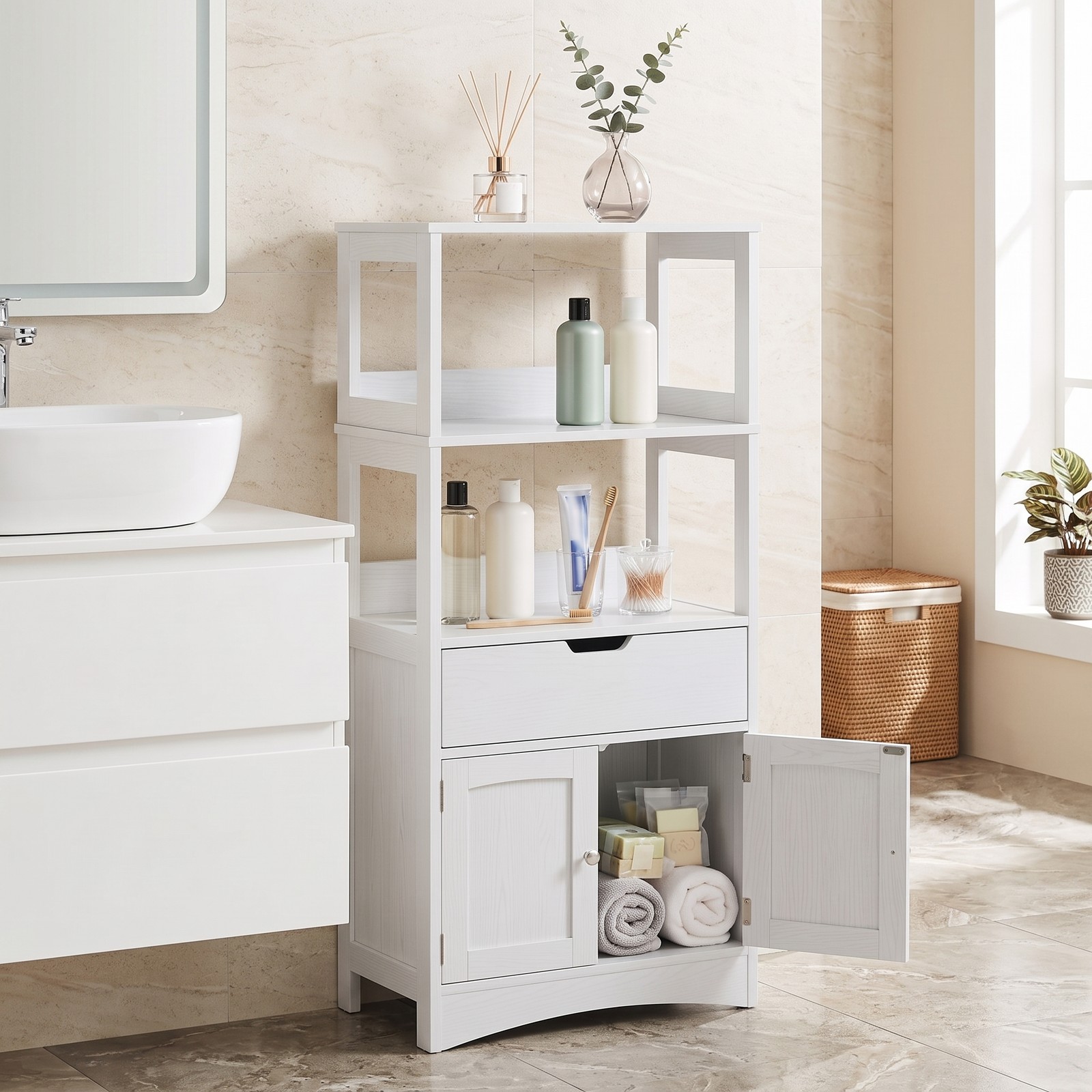 ALPULON Bathroom Storage Cabinet with Drawer and Shelf, Freestanding Floor Cabinet, Waterproof MDF Organizer for Bathroom Bedroom Living Room Entryway, Anti-Tip, White
