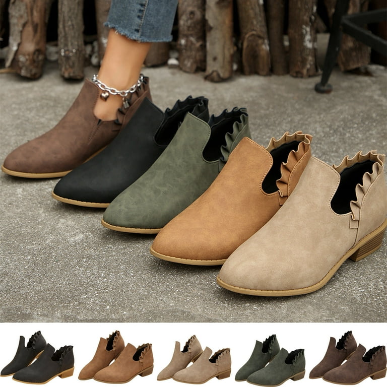 Lovskoo 2024 Women s Plus Size Ruffled Ankle Boots V Cut Out Pointed Toe Chunky Low Heel Dressy Western Booties Brown Walmart