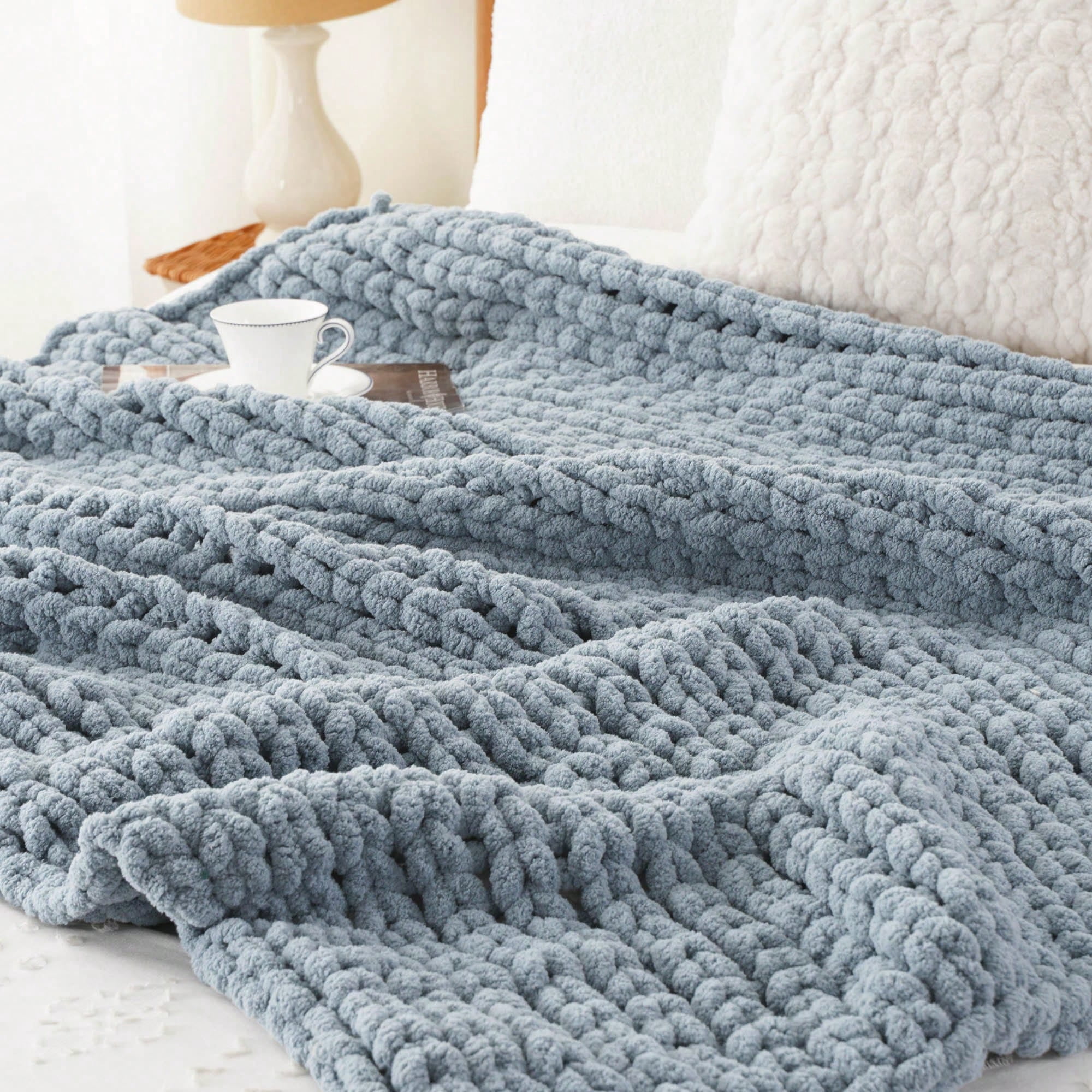 Battilo Bluish Grey Chunky Knit Throw Blanket,Handmade Cable Knit Crochet Blanket for Home Decor,50"x60"