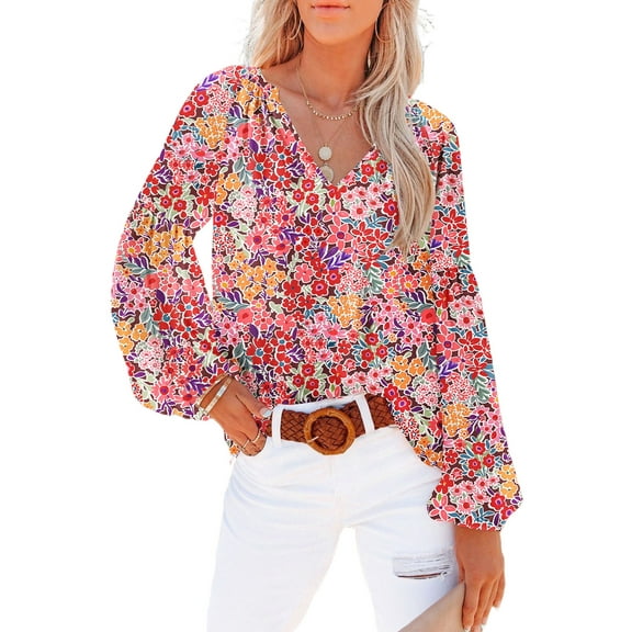 Fiery Red Floral Print V Neck Long Puff Sleeve Top for Women | [ZhiHiMeRi] | (US 18-20)2XL