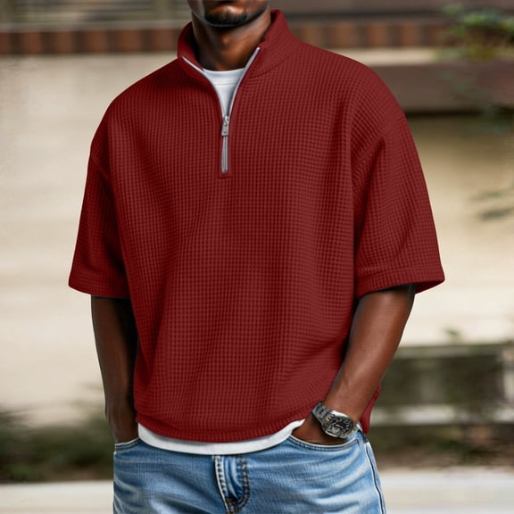 BSDJILFG Half Zipper Golf Shirts for Men Waffle Texture Knit Casual Short Sleeve Loose Fit Office Work Tops