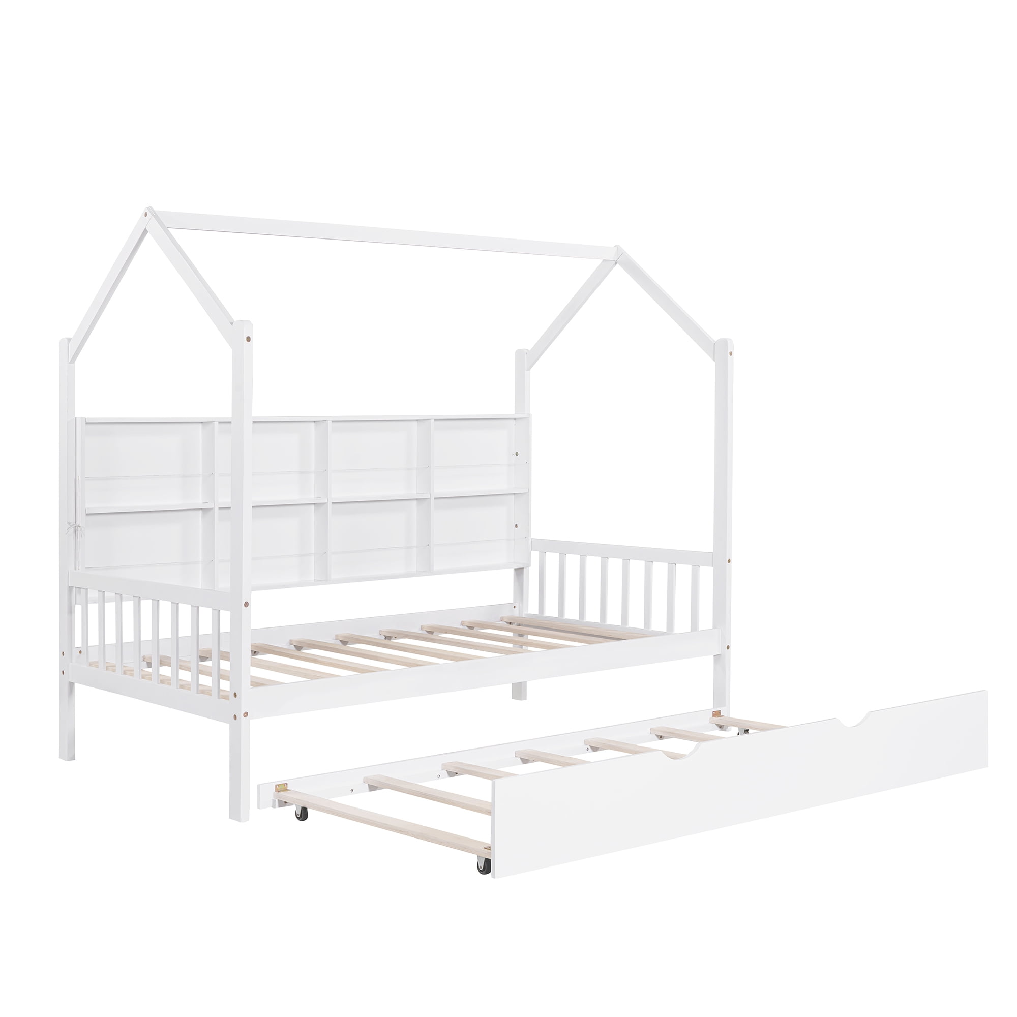 Euroco Wood Twin Size House Bed with Trundle, Platform Bed with Storage Shelves, White