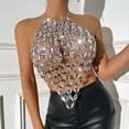 thumbnail image 5 of Kilaqueen Tank Tops for Women Sparkly Gemstones Splicing Halter Chain Top Rhinestone Nightclub Club Party Rave Crop Vest, 5 of 7