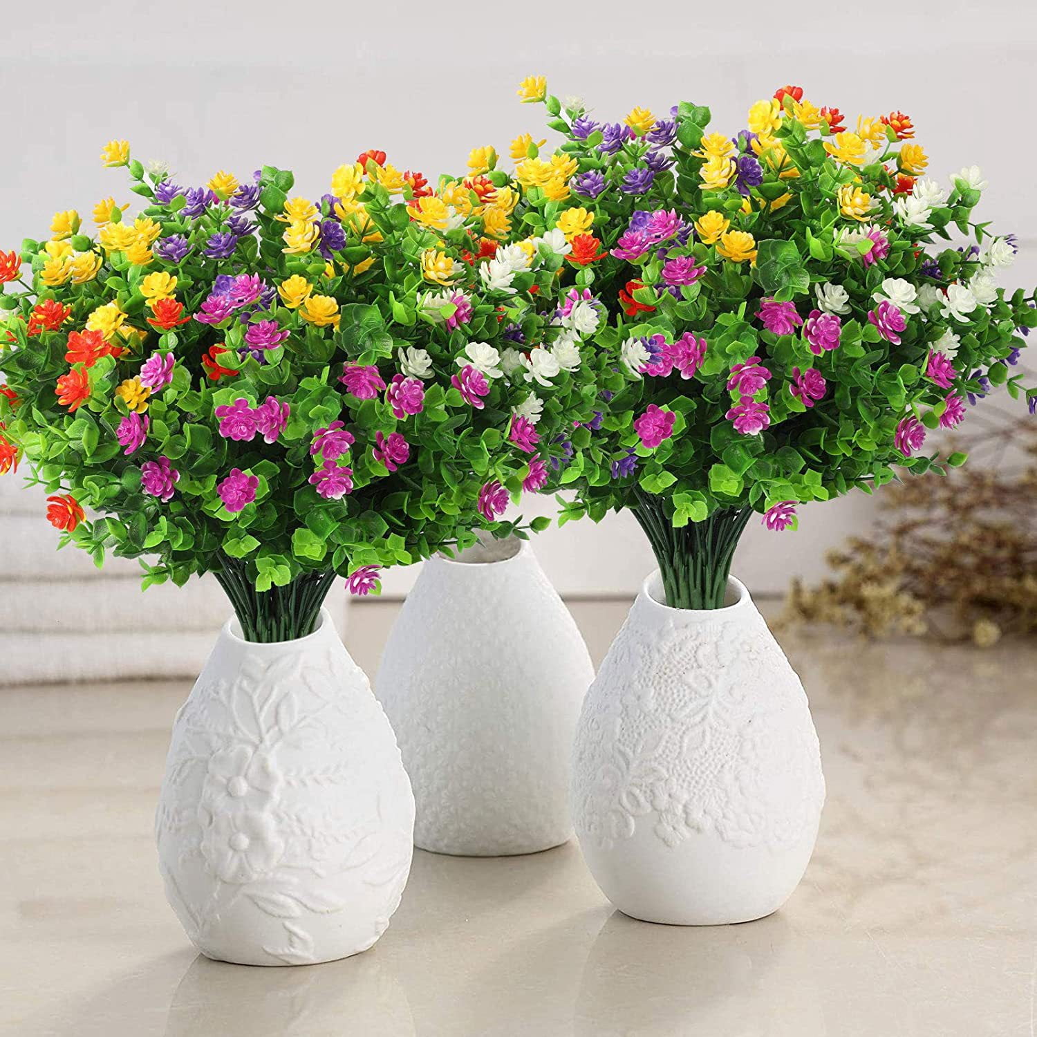XmhyTop-A 10 Bundles Artificial Flowers for Outdoor UV Resistant Fake Plants, Home Farmhouse Décor (White)