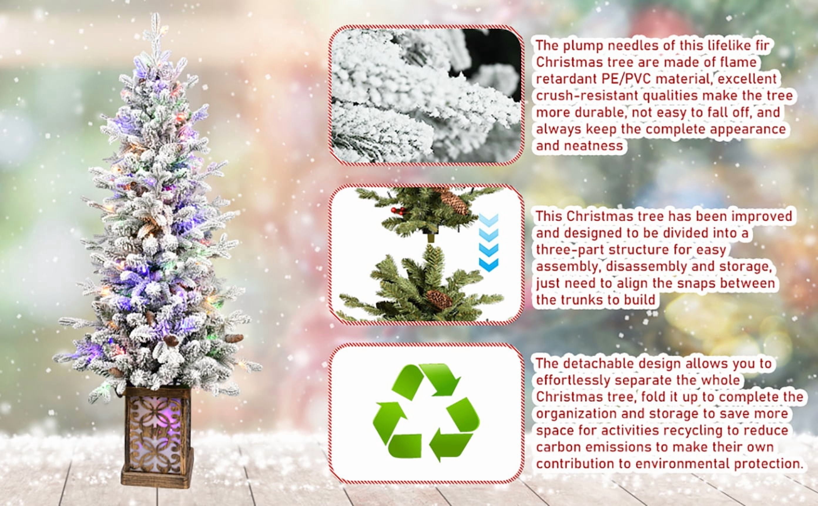 4 Ft Flocked Christmas Tree with Multicolour LED Lights, 396 Tips, Glitter Base, 100 Lights, PE/PVC Tips with Pine Cones, Light-Up Colorful Basin, Easy Assembly Holiday Decor