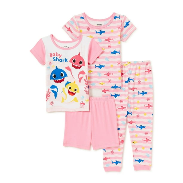 Baby Shark Toddler Girl Snug Fit Cotton Short Sleeve Pajamas, 4-Piece Set 12M-5T