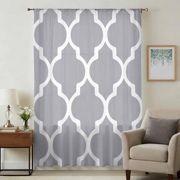Moroccan Grey Sheer Curtains 84 Inches Long, Modern Abstract Geometric Minimalist Light Filering Curtains, Breathable Simi Curtain Privacy Drapes for Living Room Bedroom Lightweight Window Treatment