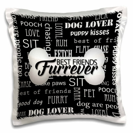 3dRose Best Friends Furrever Dog Bone on Black with White Word Art - Pillow Case, 16 by