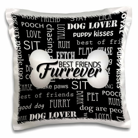 - 3dRose Best Friends Furrever Dog Bone on Black with White Word Art - Pillow Case, 16 by 16-inch