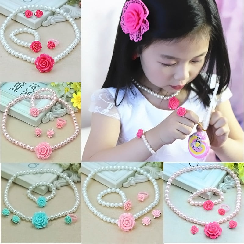 Set Pearls Flower Shape Kids Girls Child Necklace Bracelet Ring Ear Clips Sets 