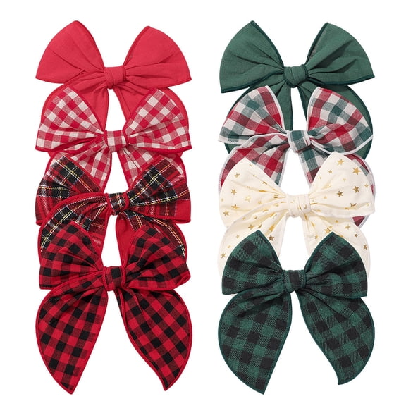 Christmas Hair Bows, 8 Pcs Red Green Plaid Hair Bows, Christmas Hair Accessories for Girls Toddler Kids, 5.7"x5.9"