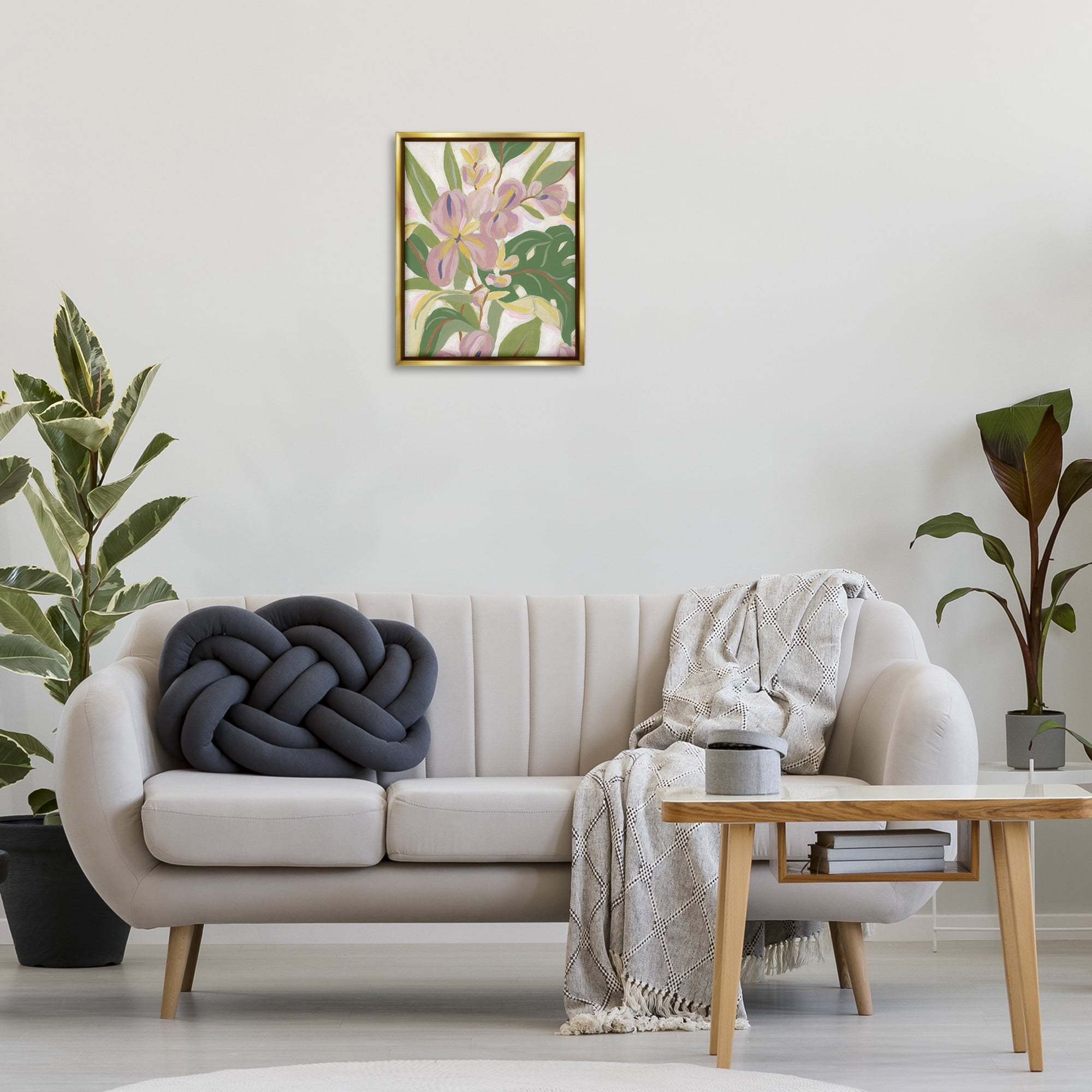 Stupell Industries Pale Trillium & Leaves Plants & Flowers Painting Gold Floater Framed Canvas Art Print Wall Art, 17 x 21