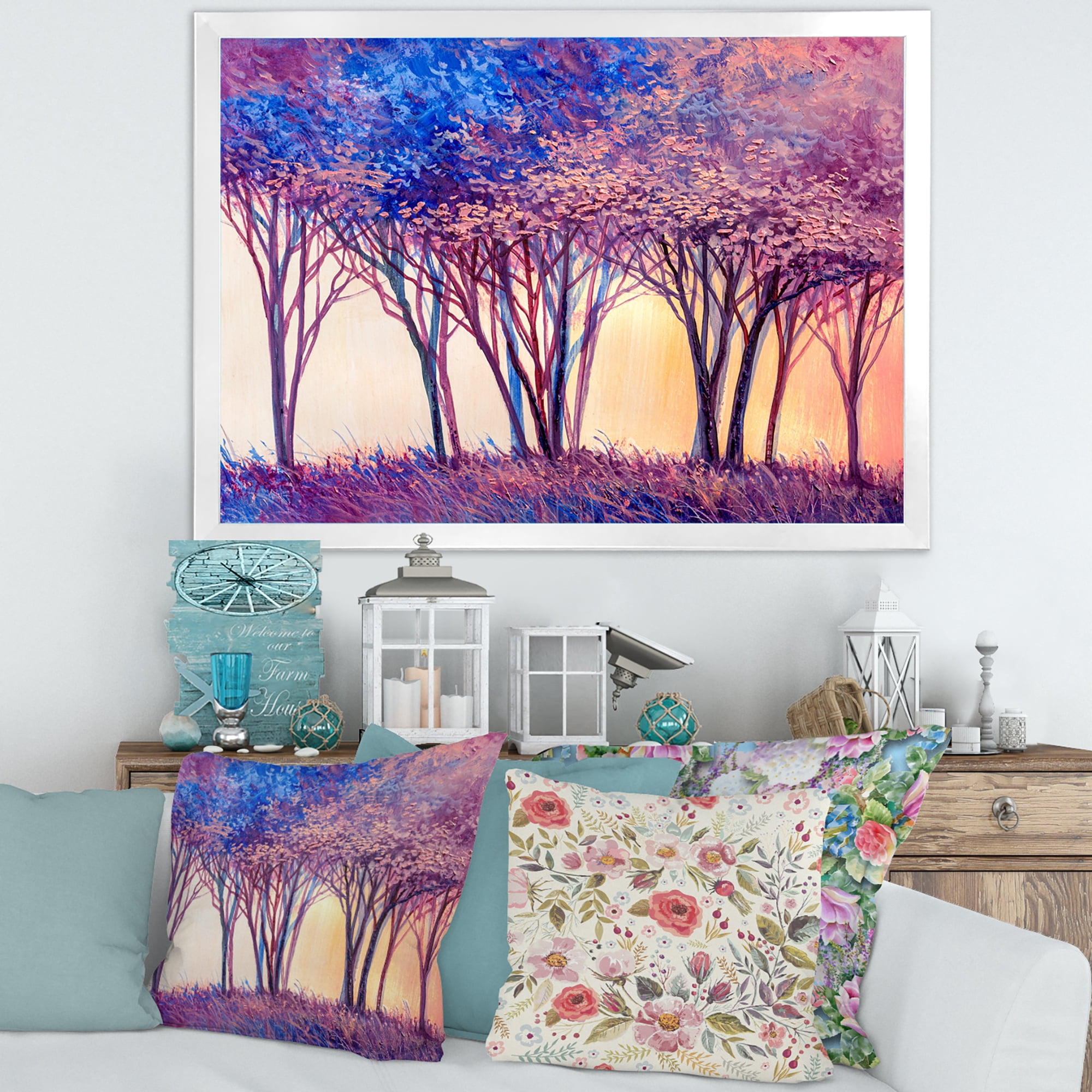 Designart 'Colorful Blue Trees Abstract Forest Landscape' Modern Framed Art Print