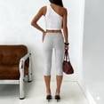 thumbnail image 4 of Lumtrix Women’s Low Rise Foldover Capri Yoga Leggings Y2K Slim Fit Stretchy Capri Pants Athletic Gym Lounge Pants Light Gray L, 4 of 4