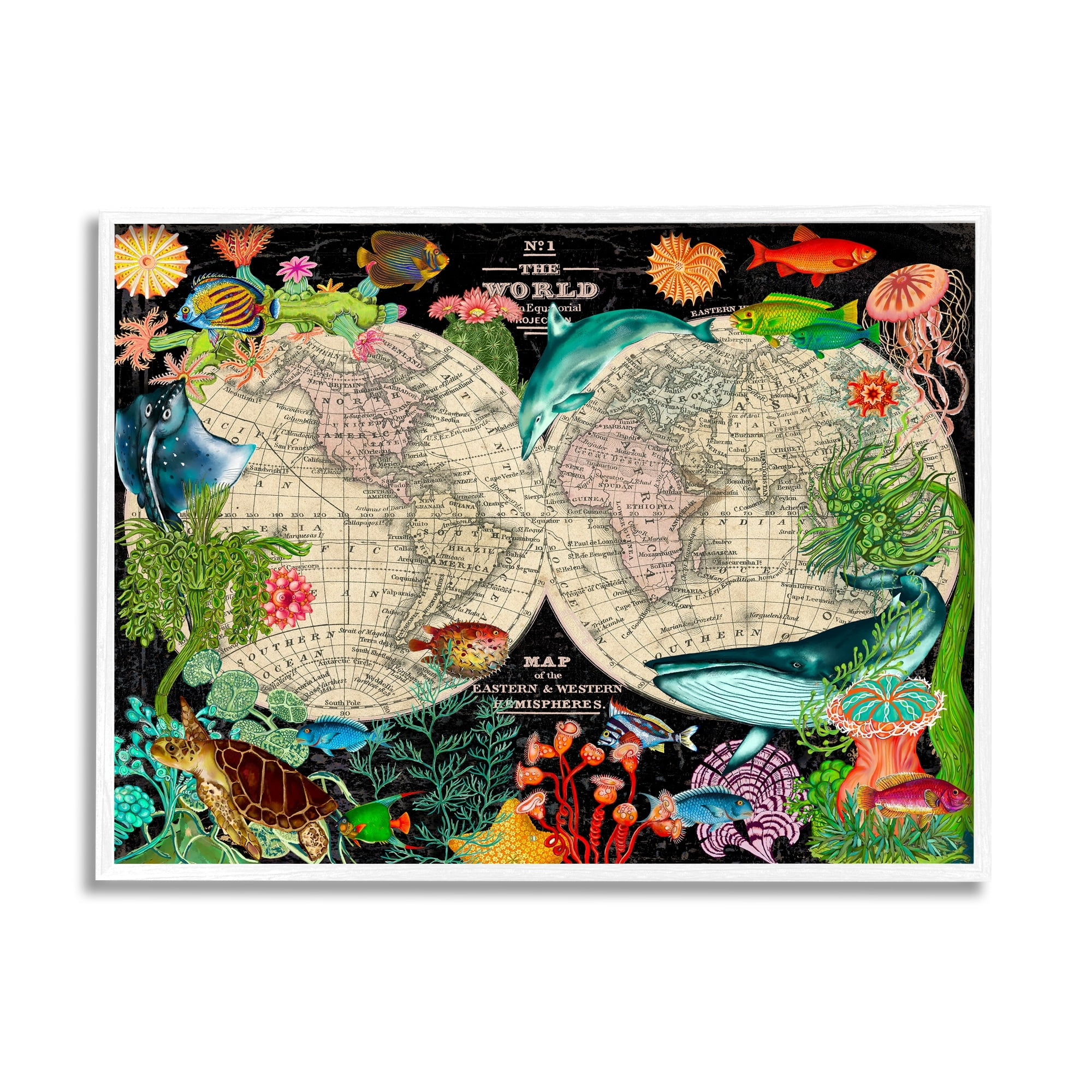 Stupell Industries Vintage World Hemisphere Map Vibrant Marine Animal Illustrations, 20 x 16,Design by Sangita Bachelet