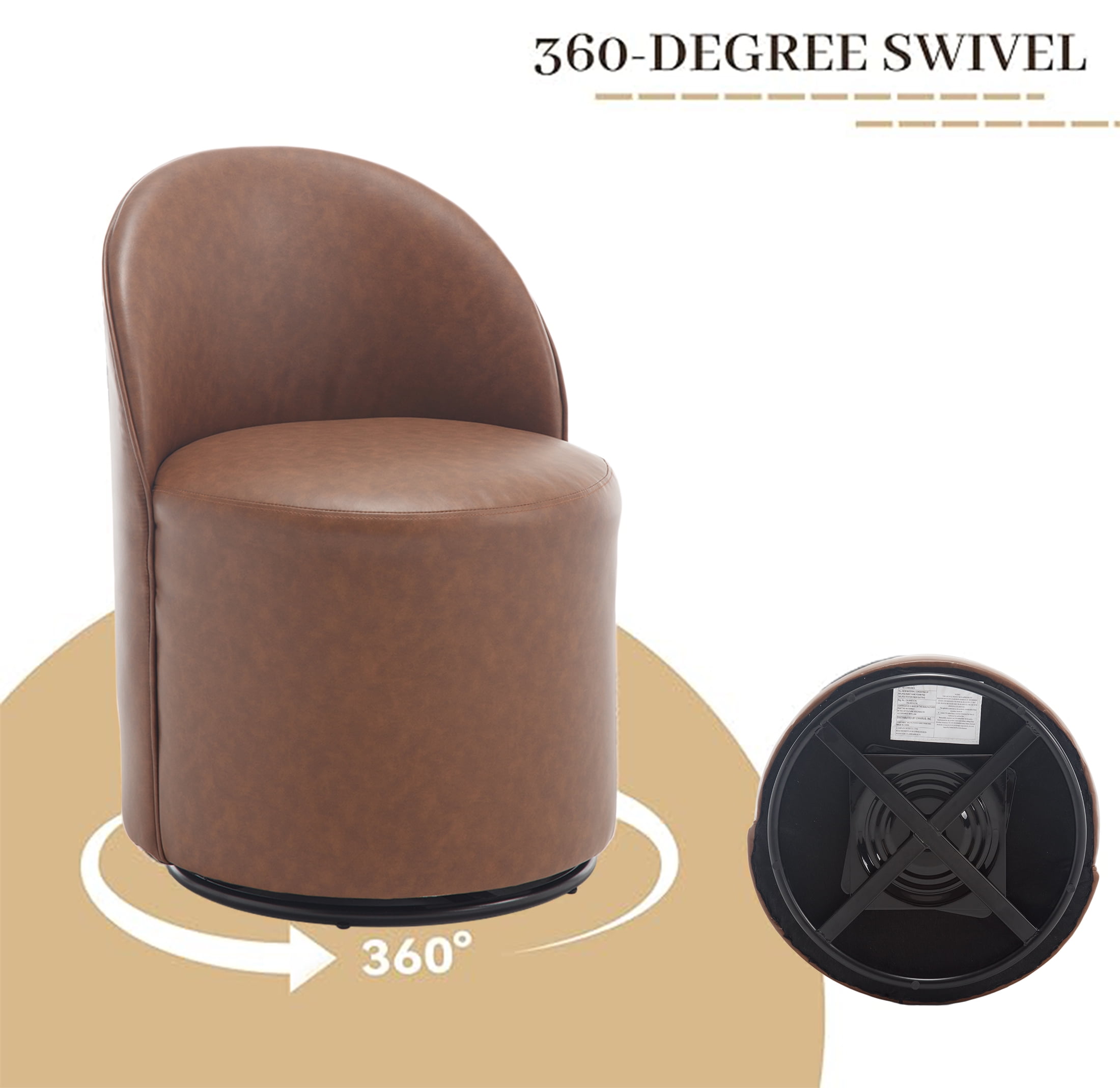 Guyou 360° Swivel Barrel Dining Chair Set of 1, Mid-Century Modern Upholstered Barrel Accent Chair, PU Round Vanity Chair for Dining Room Living Room Bedroom, Brown