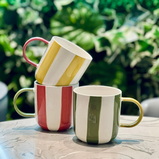 Juego de 3 Tazas de cerámicas con franjas color amarillo, verde y rojo, 450 ml