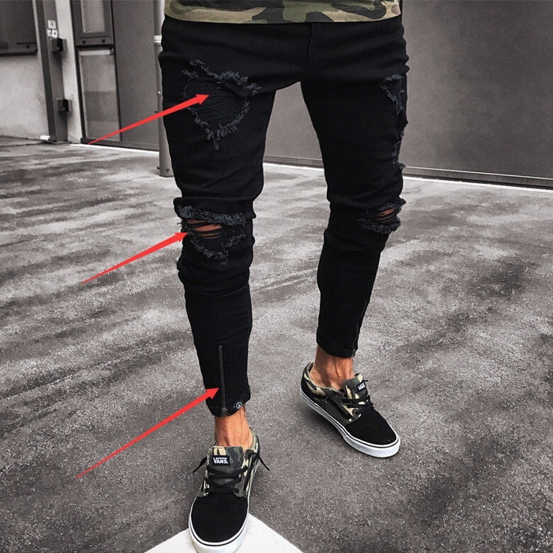 Honganda Fashion Men s Ripped Skinny Jeans Destroyed Frayed Slim Fit Denim Pant Black