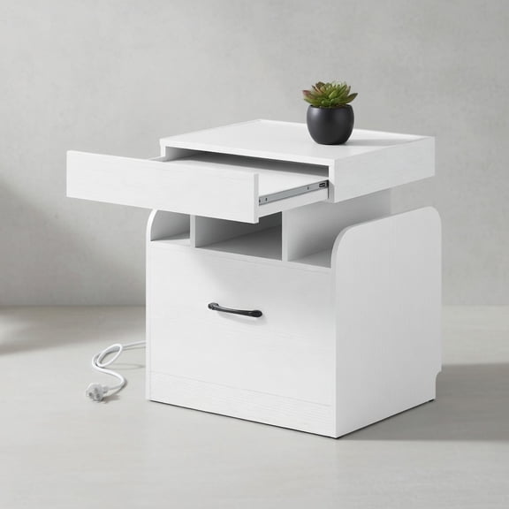 Topcobe Nightstand with Charging Station Modern Bedside Table for Living Room Bedroom Office, Narrow Console Table, Modern Furniture for Bedroom-White