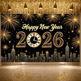 thumbnail image 6 of Golden Fireworks Happy New Year Banner Clock Design New Year Backdrop City Skyline Gold Lettering 2026 Festive Background for New Year Party New Year Eve Holiday Celebration, 6 of 9