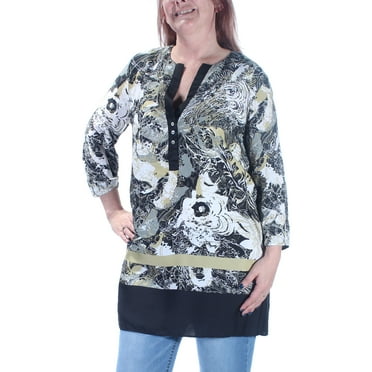 GRACE ELEMENTS Womens Green Printed Cuffed V Neck Tunic Casual Top L