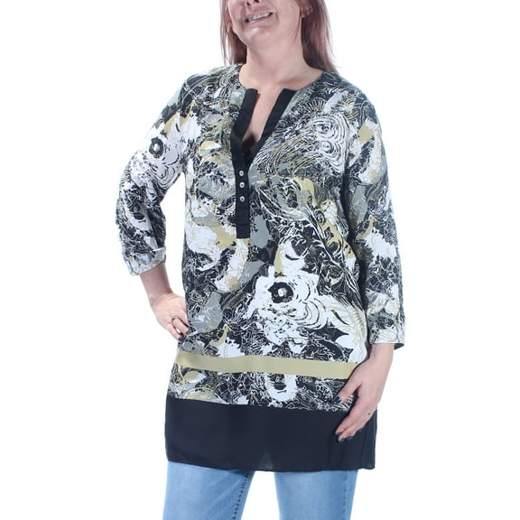 GRACE ELEMENTS Womens Green Printed Cuffed V Neck Tunic Casual Top L