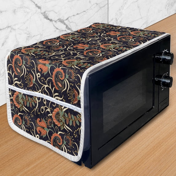 Jacobean Microwave Oven Cover, Repetitive Pattern with Grunge Style Flower Swirls Damask, Water Resistant Organizer with Pockets for Kitchen, 36" x 12", Indigo and Multicolor, by Ambesonne