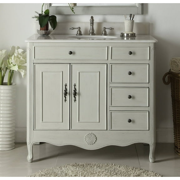 Benton Collection 38" Distressed Gray Cottage Bathroom Vanity with White Marble Top