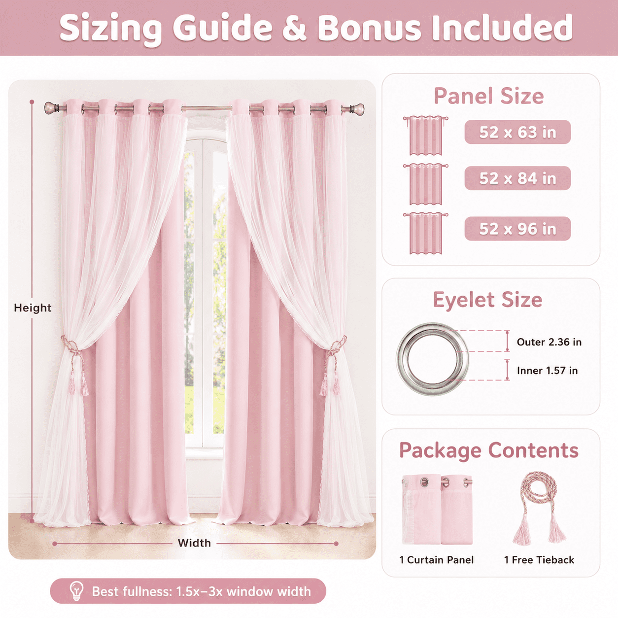 Lapalife Blackout Double Layer Curtains 63inches with Sheer Thermal Insulated Grommet Window Panel for Nursery Bedroom Living Room, 1 Panel