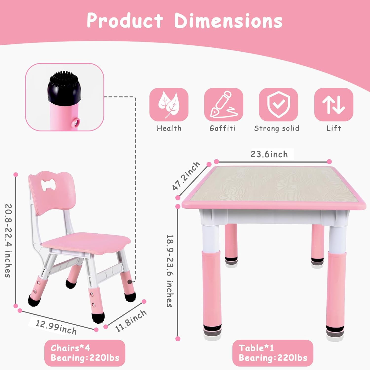 Arlopu Toddler Table & 4 Chairs Set, Height Adjustable Kids Multi Activity Table and Chairs for Drawing, Reading, Studying, Pink