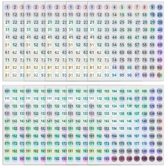 1-200 Consecutive Number Stickers 0.4 Inch Holographic Vinyl Number Stickers Labels Laser Mini Self-Adhesive Number Labels Small Round Removable Numbered Label for Storage Classification$$Office