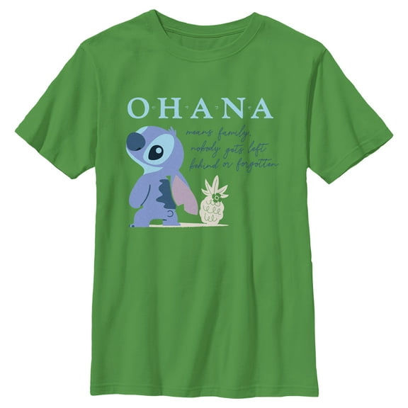 Boy's Lilo & Stitch Ohana Means Family Nobody Gets Left Behind or Forgotten Graphic Tee Kelly Green X Small