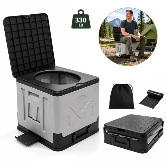 MQJIAZHI 55L Portable Folding Toilet with Lid - Includes 1 Pack of Waste Bags, Collapsible Camping Travel Potty, Bedside Commode for Car & Emergency, Grey