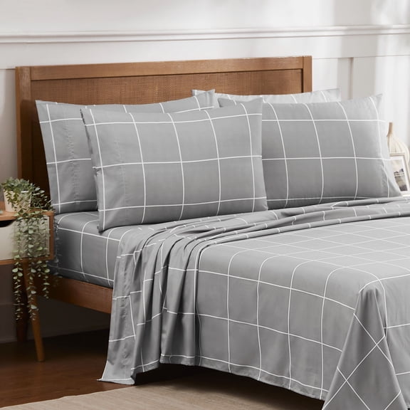 6 Piece Printed Sheet Set, Deluxe Ultra Soft 1500 Series, Double Brushed Microfiber -Window Pane Gray, California King