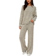 thumbnail image 2 of Aimik Lounge Sets for Women Striped Long Sleeve Crewneck Top and Wide Leg Long Pants Set Fall Winter Casual Womens Striped Set, 2 of 6