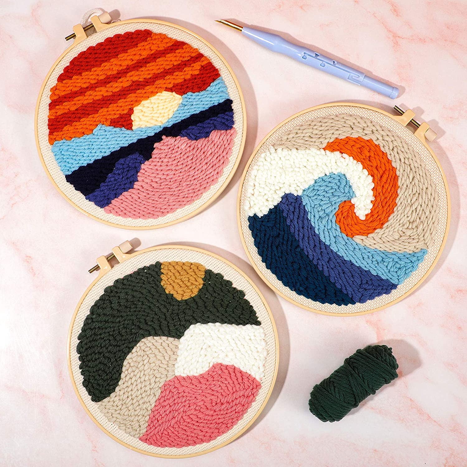 2 Pack Embroidery Starter Kit，Punch Needle Tool Threader Fabric Embroidery Hoop Yarn Rug Punch Needle Embroidery Beginner Kits with Instructions and Landscape Pattern for Adults Kids Beginner