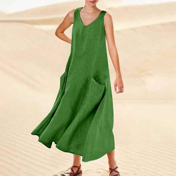 WILLBEST Vestido Corto De Verano Para Mujer, Color Liso, Sin Mangas, Cuello En V, Elegante, Holgado, Informal, Largo, Con Bolsillos, Cómodo Y Elegante Para Uso Diario.