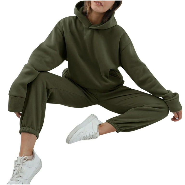 RQYYD Jogging Suits for Women 2 Piece Sweatsuit Outfits Long Sleeve Half  Zipper Lapel Crop Top Wide Leg Pants Solid Color Tracksuit Set Green S