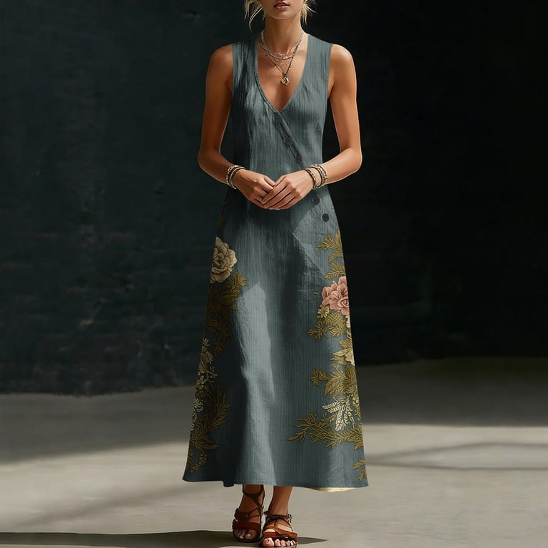 army green sun dress Husipze Women's Sleeveless Maxi Summer with Diagonal Buttons and Pockets Casual Flowy Floral Printed V-Neck Sundresses M Plain