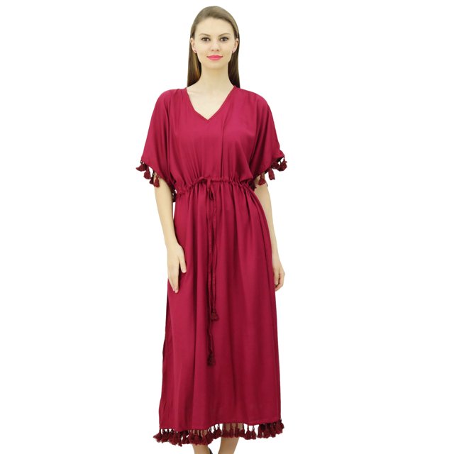 Bimba Robe Kaftan à Franges pour Femme, Manches Kimono, Longue Maxi, Couvre-Maillot