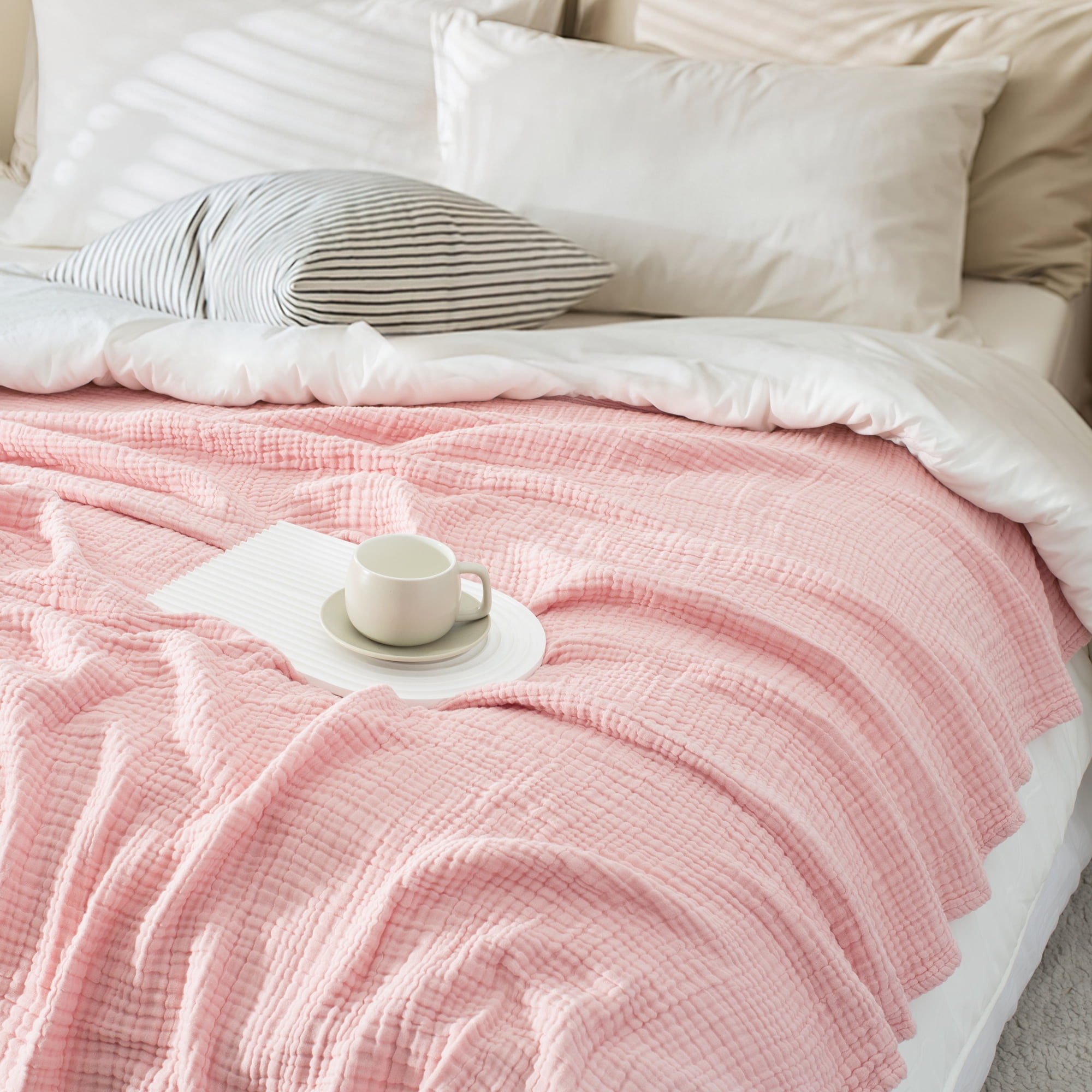 Carriediosa 100% Cotton Muslin Throw Blanket Gauze Blankets Soft for Bed, 66" x 90" Twin Size Dusty Pink