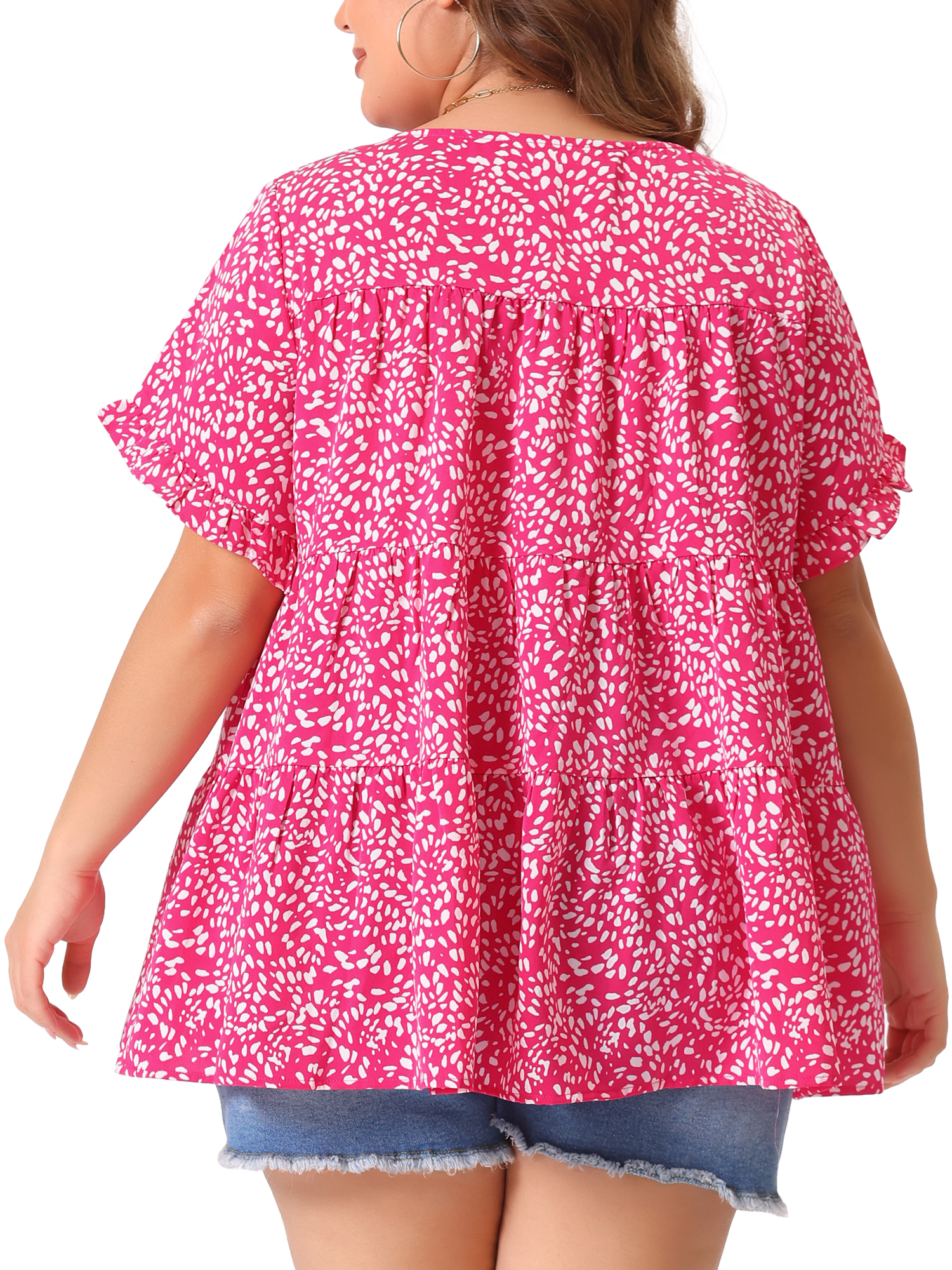 DARING DIVA Women's Plus Polka Dots Ruffle Sleeves Babydoll Tiered Blouse 1X Hot Pink