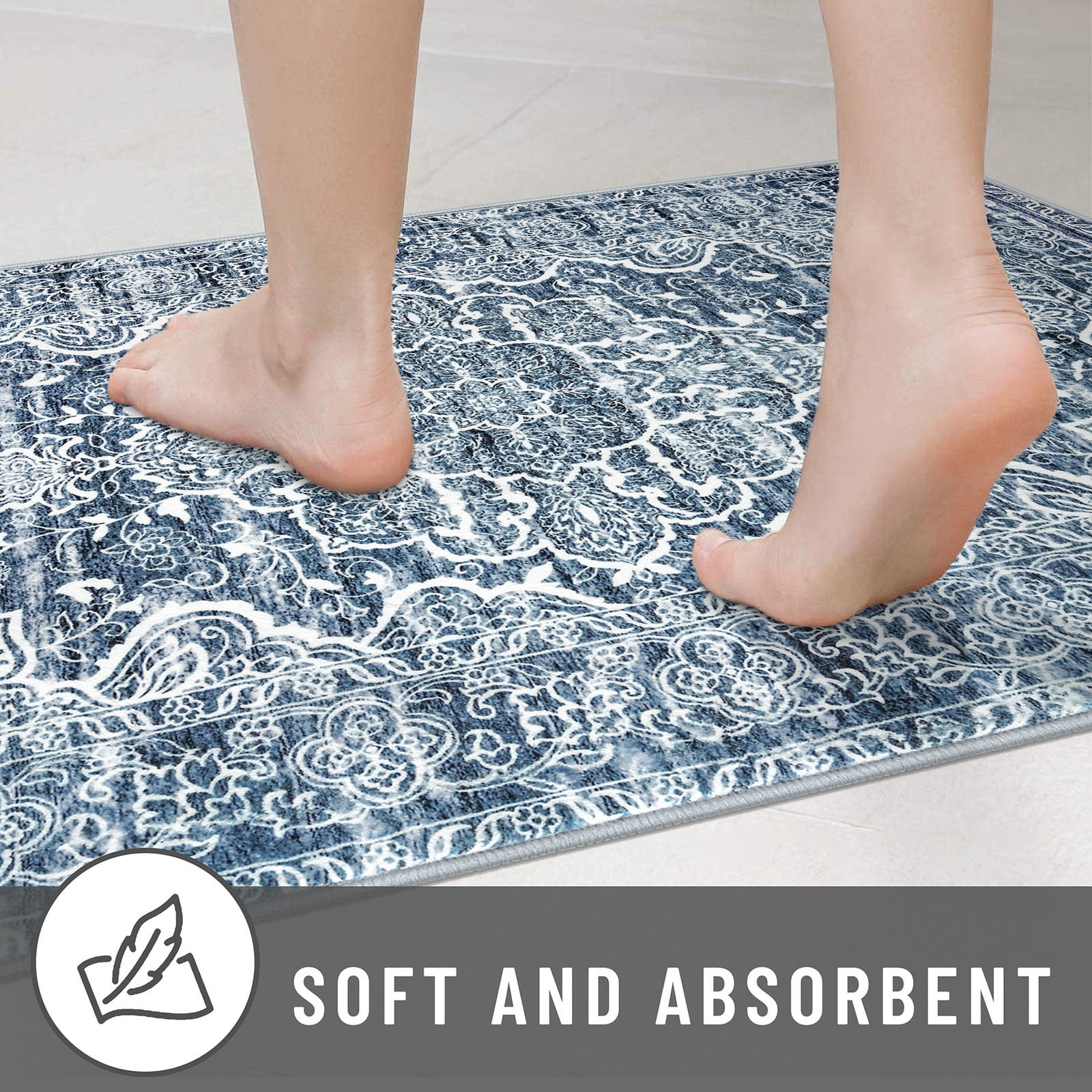 GLATTICE Washable Runners 2.6x12 Blue Runners Non-Slip Hallway Runner Rugs with Rubber Backing Ultra Soft Printed Distressed Long 12ft Indoor Runners for Bedroom Entryway Laundry Room Foyer