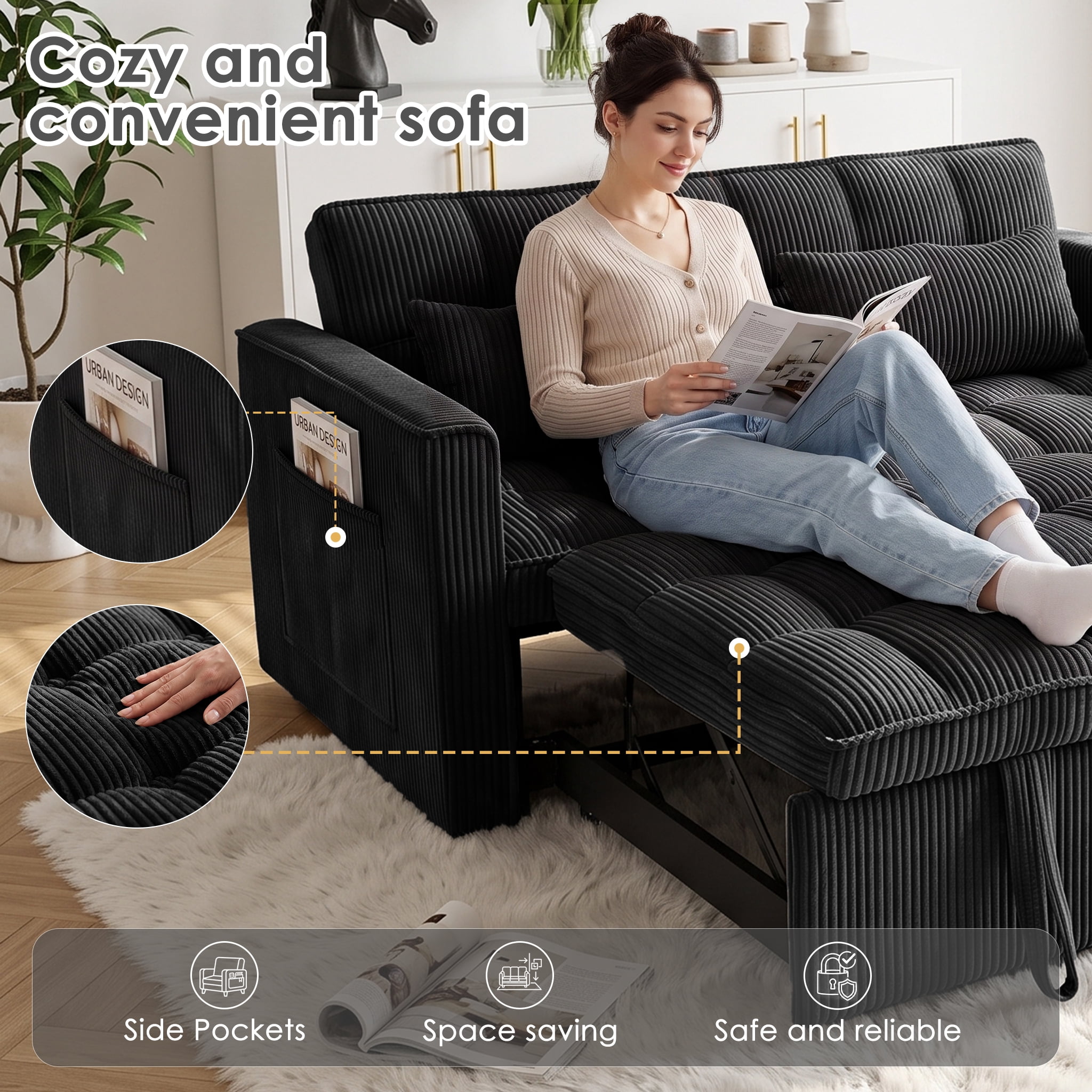 ShiKeyi 54" Corduroy Convertible Sofa Bed, 3 in 1 Pull Out Sleeper Sofa, Loveseat Couch with Storage Pocket, Black